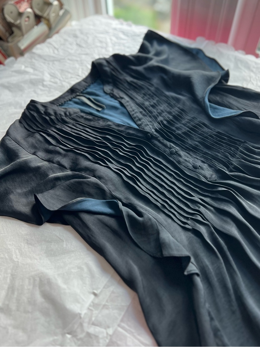 Anthropologie Black Satin Pleated Front Blouse